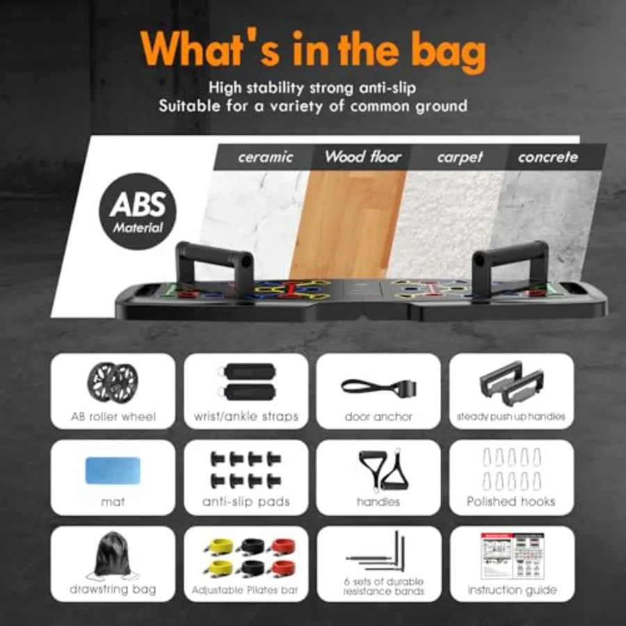 Push Up Board, Home Gym, Portable Exercise Equipment, Pilates Bar and 20 Fitness Accessories with Resistance Bands and Ab Rolle