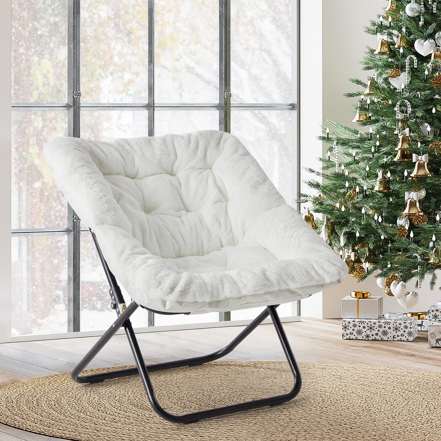 JHK Faux Fur Saucer Chair Folding Lounge With Metal Frame