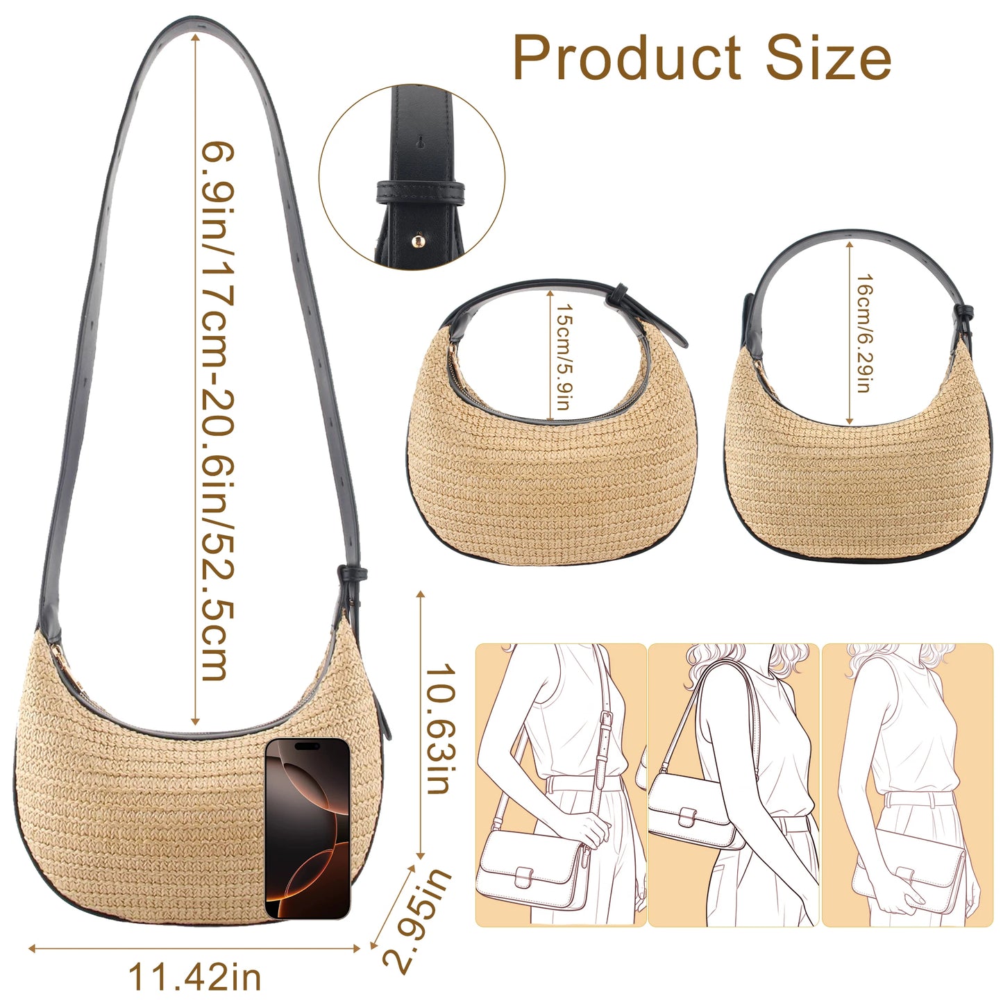 Causal Straw Woven Top-Handle Bags For Women Summer Holiday Beach Wrapped Handbags Ladies Handheld Crossbody Bags Totes Hobos Half Moon Bags