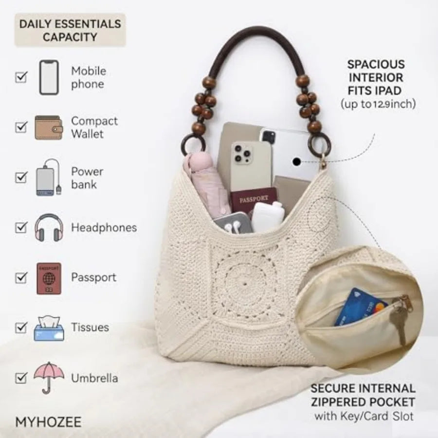MYHOZEE for Women Boho Beach Fully Lined Summer Tote Lightweight Hobo Purse for Vacation