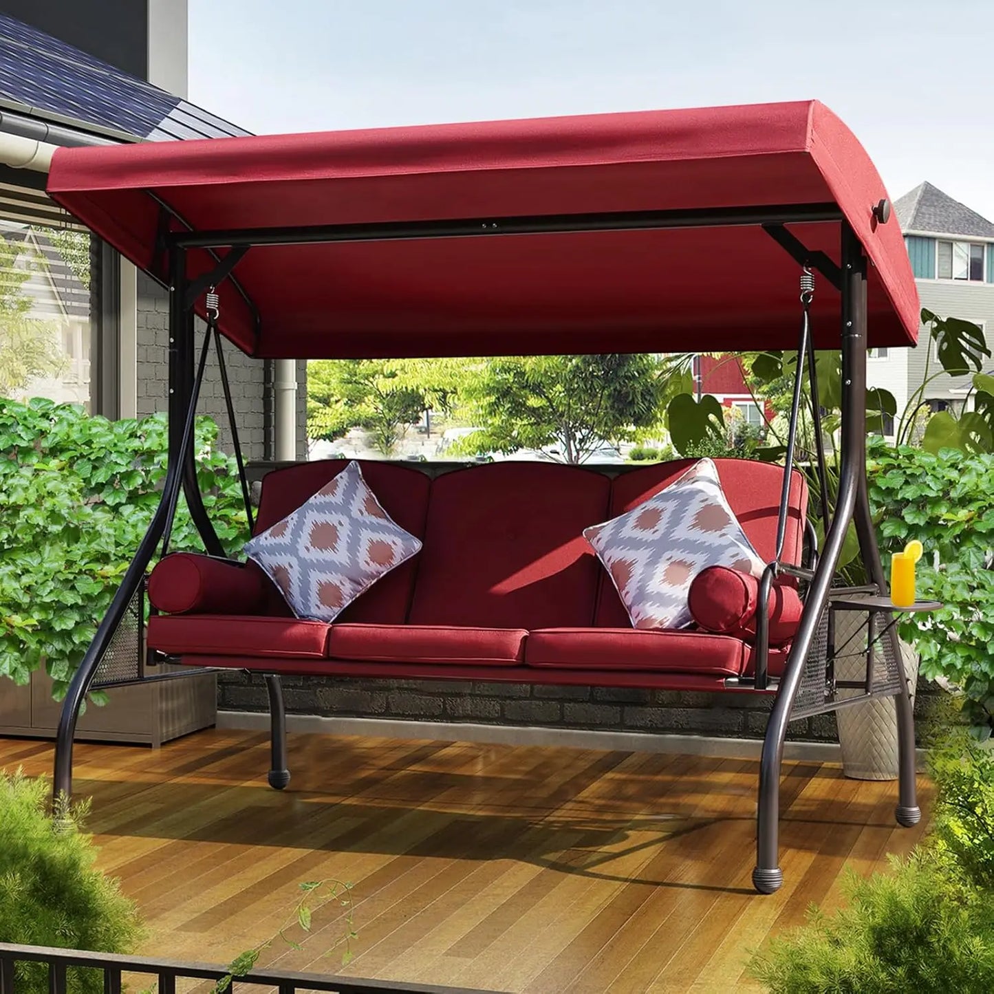 General Three Seat Patio Swing With Adjustable Canopy Waterproof Cushions
