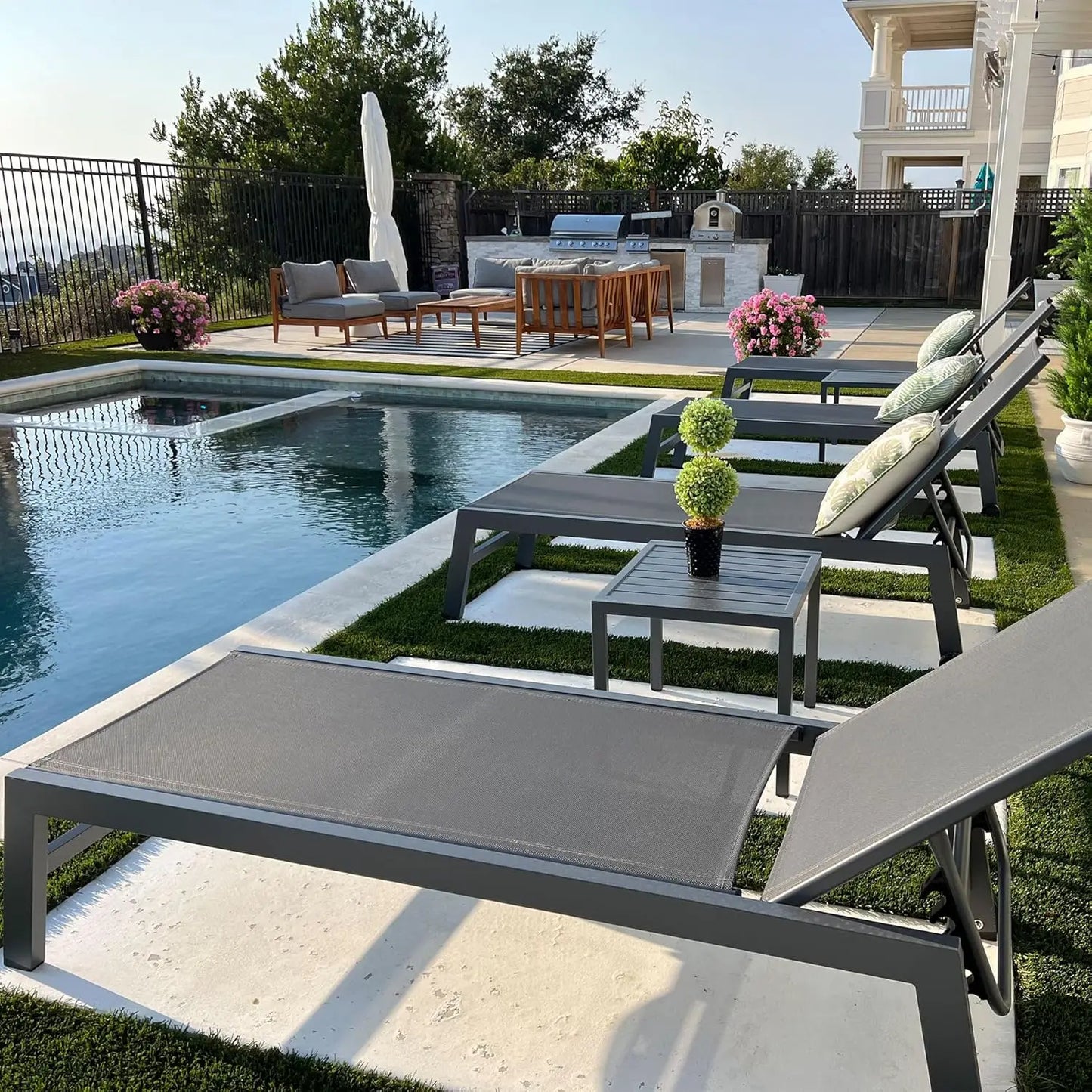 Aluminum Adjustable Reclining Outdoor Lounge Chair Set 2 PCS with Wheels Table Patio Poolside Beach Yard, Light Grey, Custom