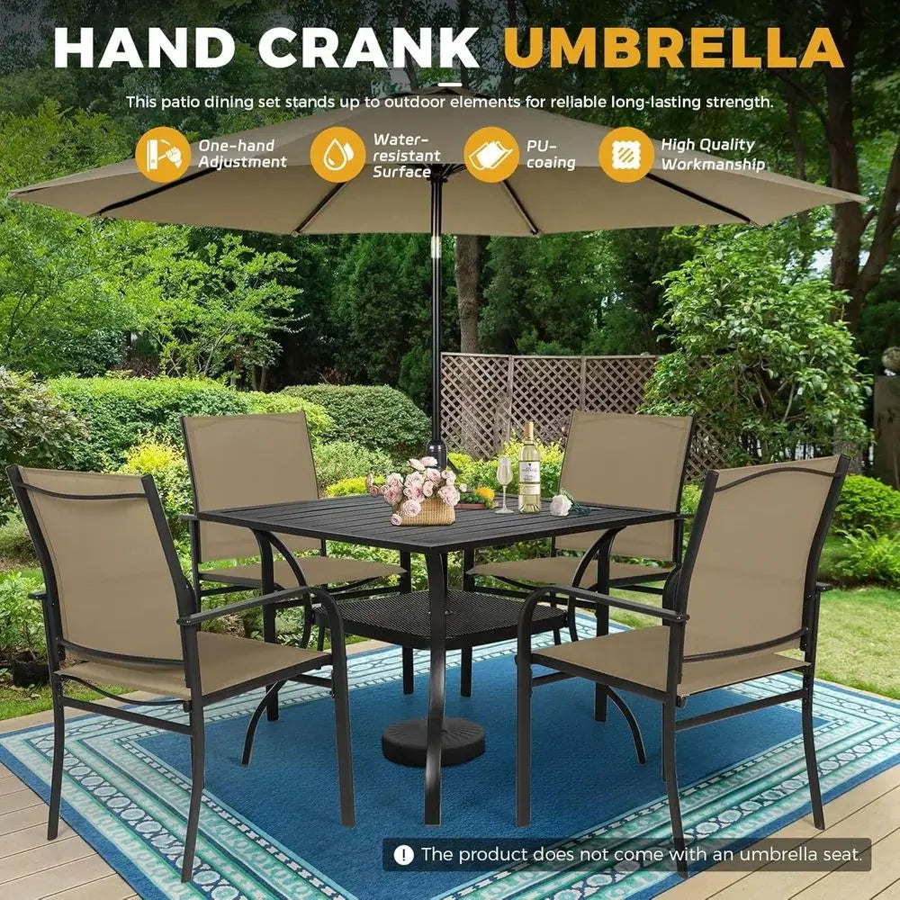 6-Piece Outdoor Patio Furniture Set with Brown Umbrella, 4 Chairs and Square Table