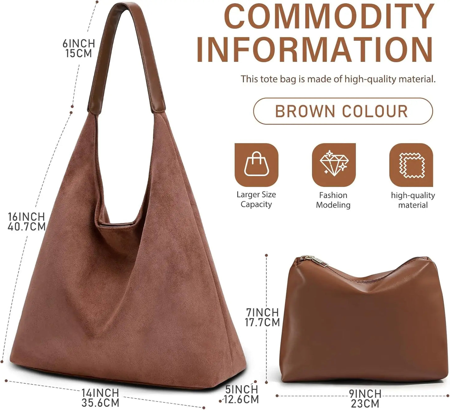 Faux Suede Tote Bag For Women With Zippered Cosmetic Organizer