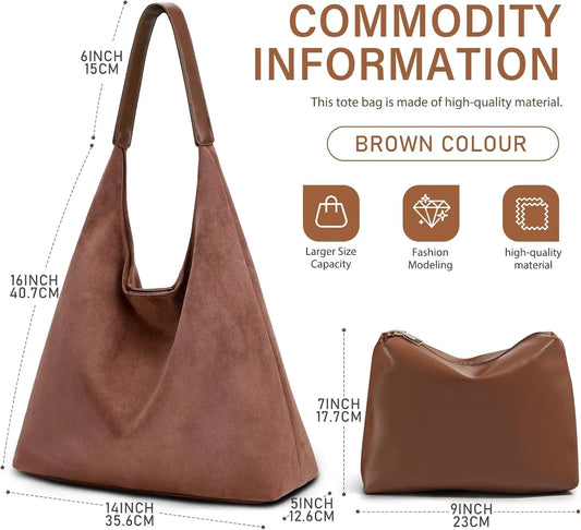 Faux Suede Tote Bag For Women With Zippered Cosmetic Organizer