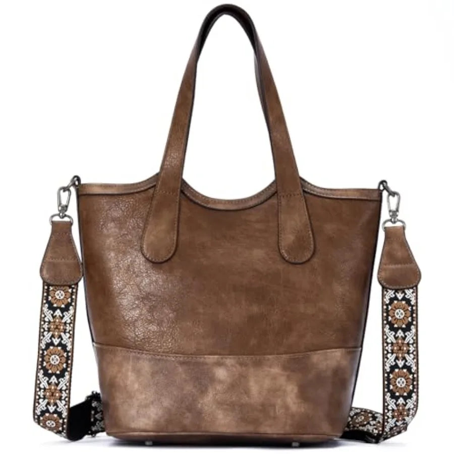 Tote Bag for Women, StrawandVegan Leather Bucket Bags Crossbody Top Handle Purses And Handbags For Work Travel Beach