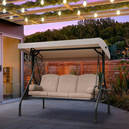 General Three Seat Patio Swing With Adjustable Canopy Waterproof Cushions