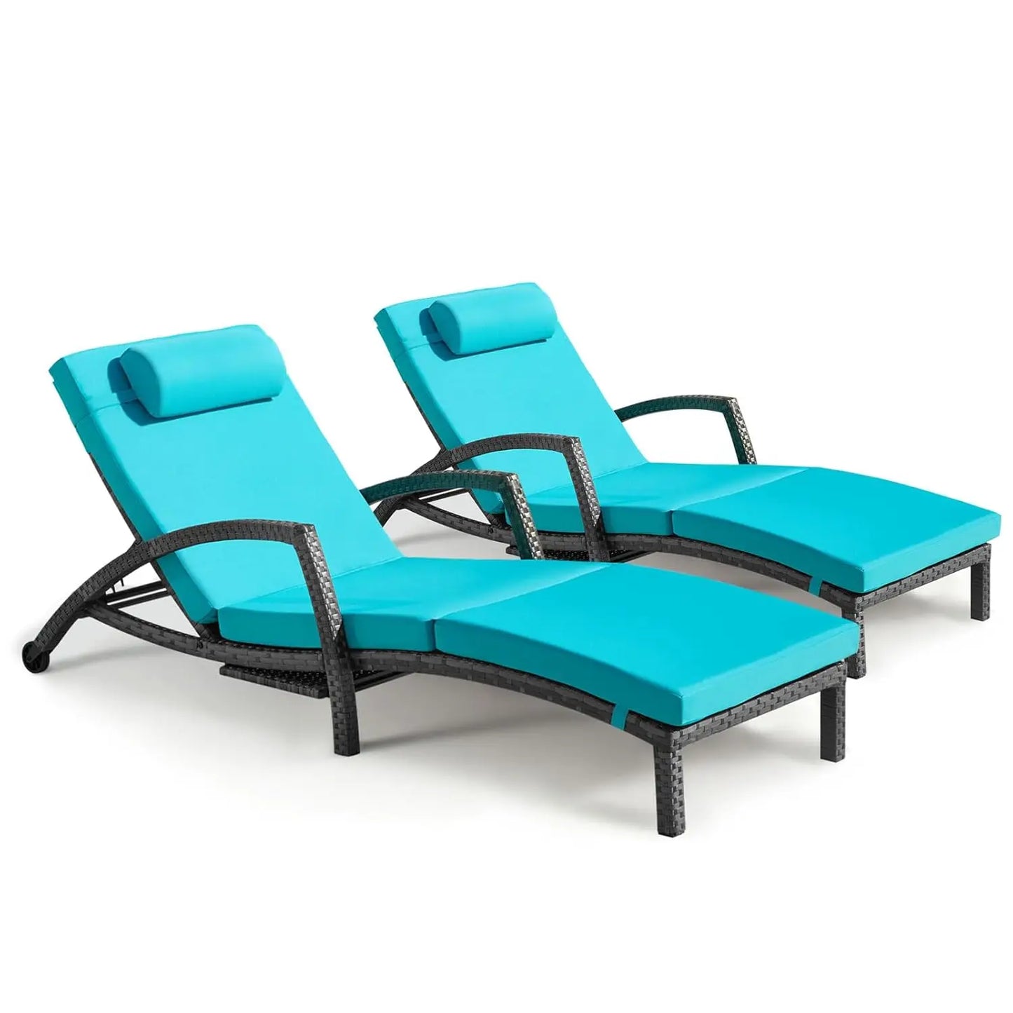 Chaise Lounge Chairs Outdoor Set of 2, Comfy Outside Wicker Patio Pool Lounge Chair w/ 5 Adjustable Back Angle, Cup, Customized