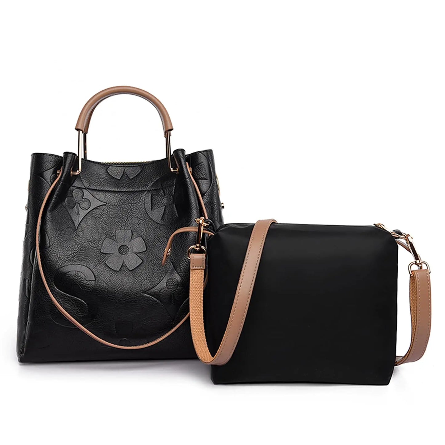 Top Handle Handbag Set Large Shoulder Bag Vegan Leather Ladies Bucket Hobo Tote with Floral Embroidery for Everyday Use