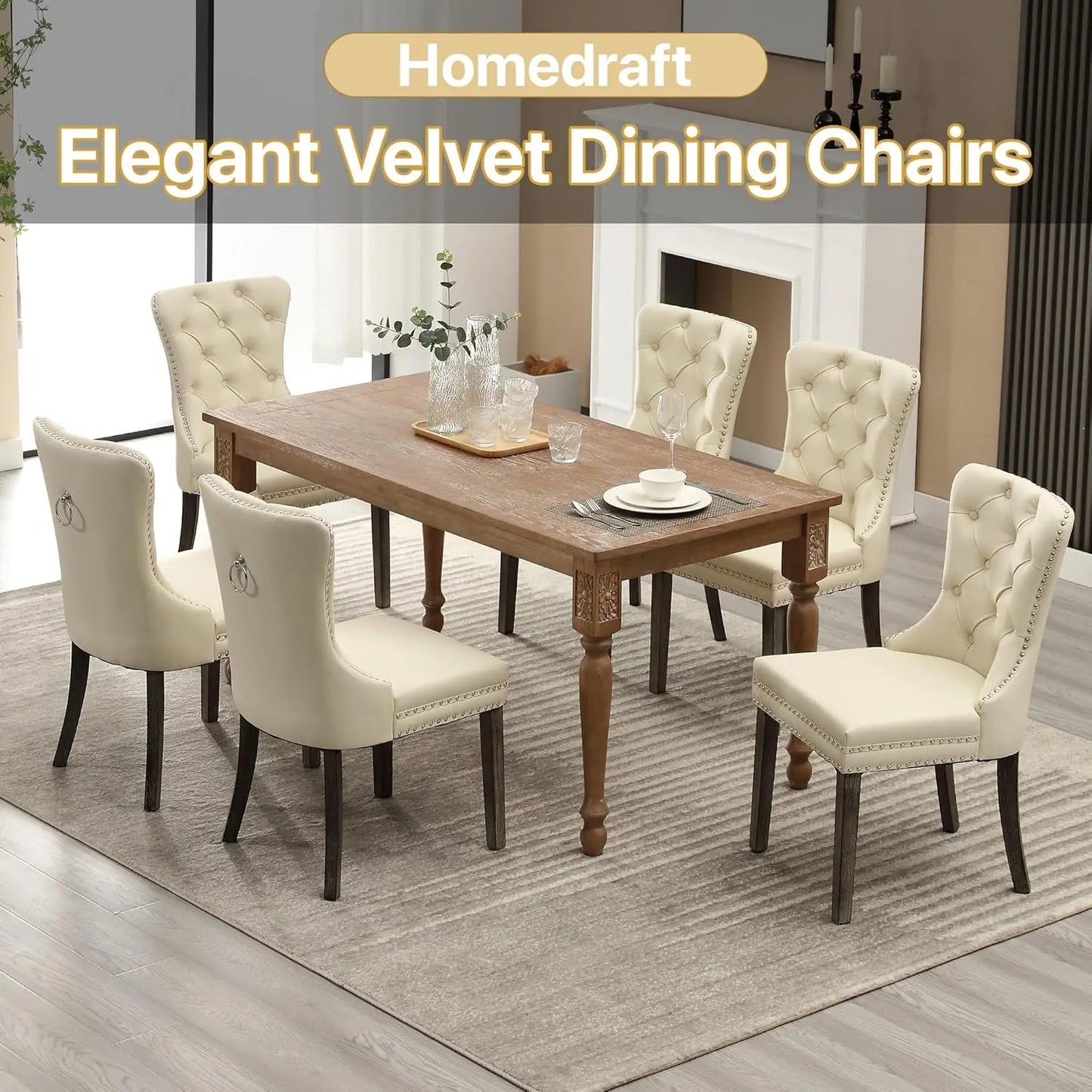 PU Leather Dining Chairs Set of 6 With Solid Wood Legs and Pull Ring