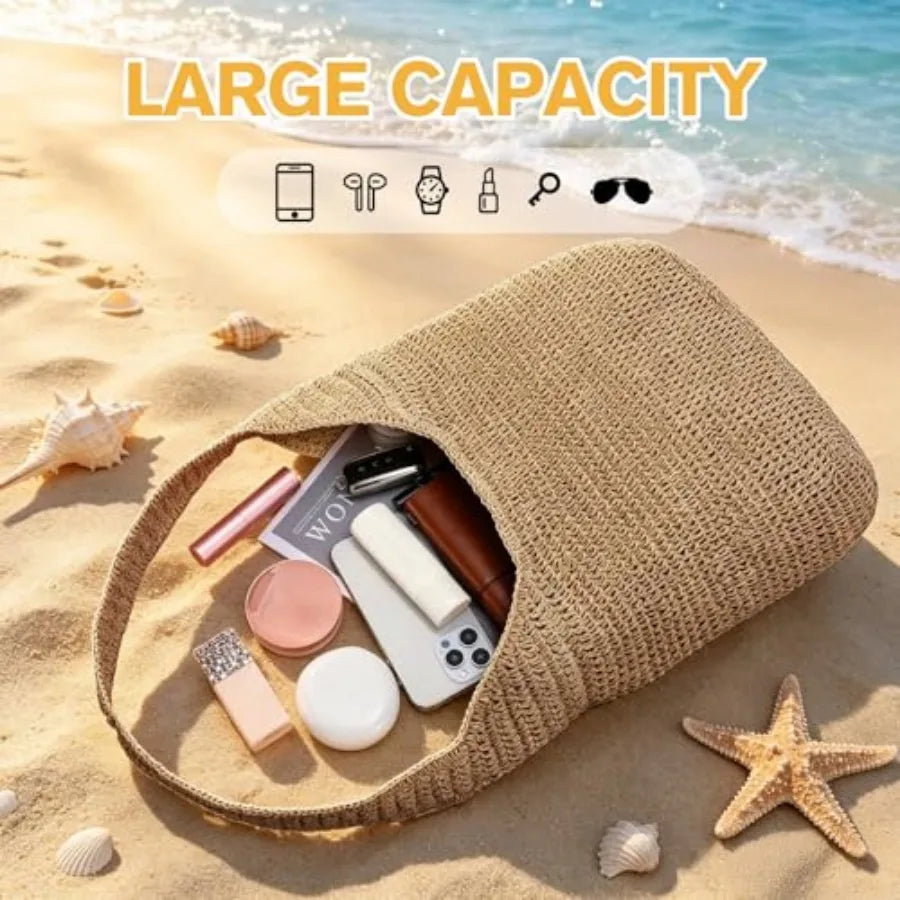 Beach Bags for Women Boho Straw Purse Summer Woven Shoulder Bag Handbag Crochet Mesh Tote Bag Vacation Purse