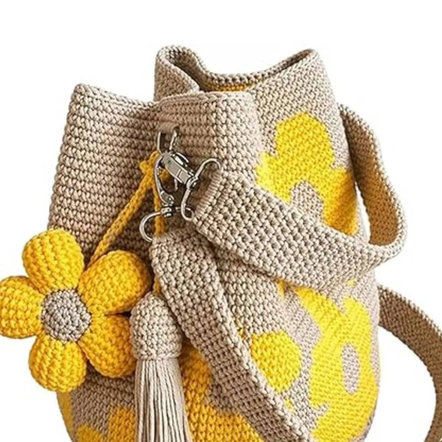Knit Floral Purse Bag Lightweight Boho Beach Handbag with Flower Tassel Needlepoint Barrel Drawstring Purse for Women Vacation