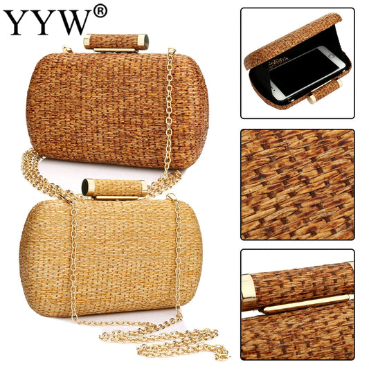 Straw Weave Woven Shoulder Bag For Women Beach Holiday Casual Handbag Ladies Wedding Party Banquet Evening Bags Chain Purse Case