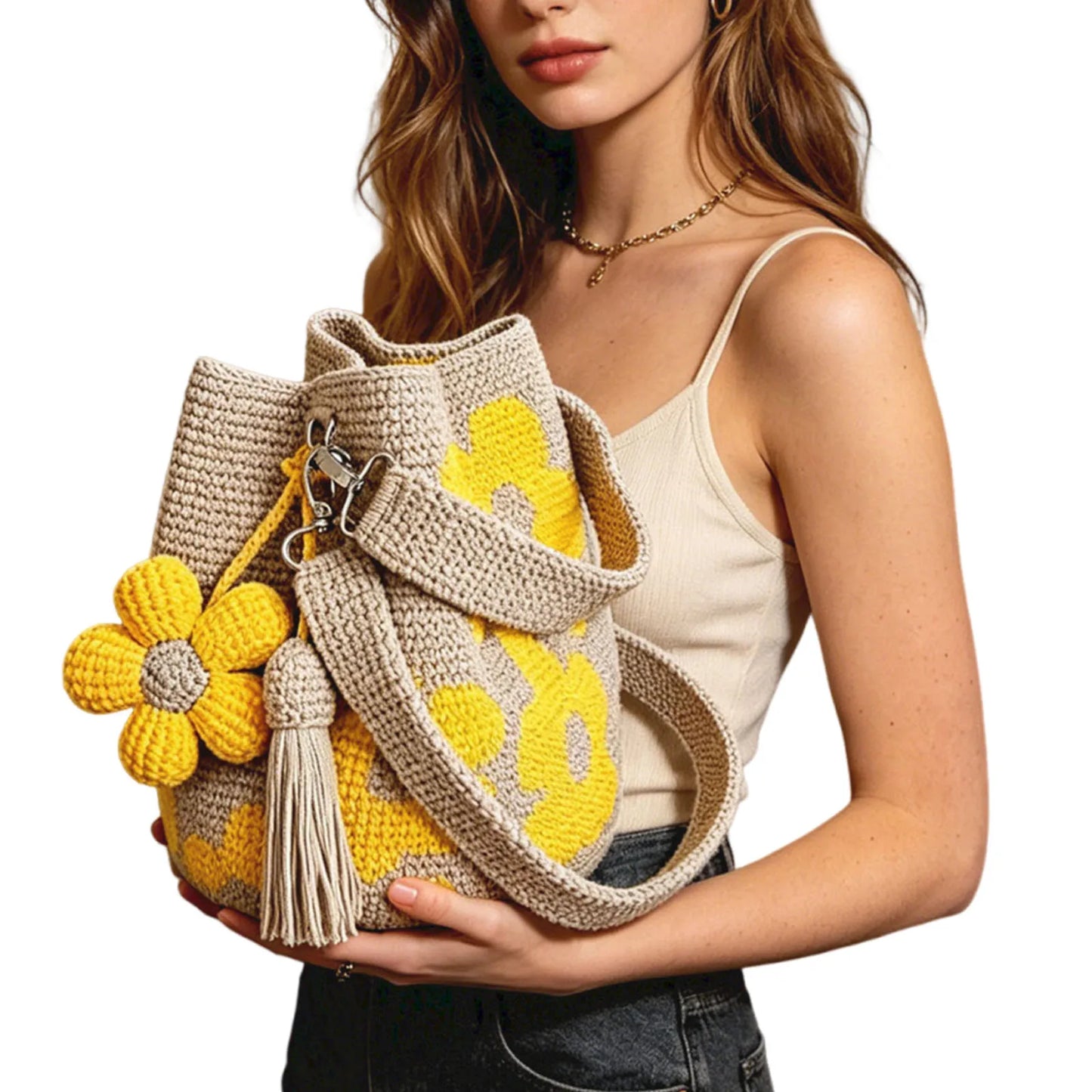 Knit Floral Purse Bag Lightweight Boho Beach Handbag with Flower Tassel Needlepoint Barrel Drawstring Purse for Women Vacation