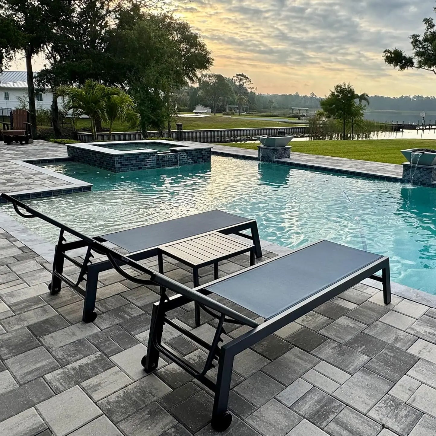 Aluminum Adjustable Reclining Outdoor Lounge Chair Set 2 PCS with Wheels Table Patio Poolside Beach Yard, Light Grey, Custom