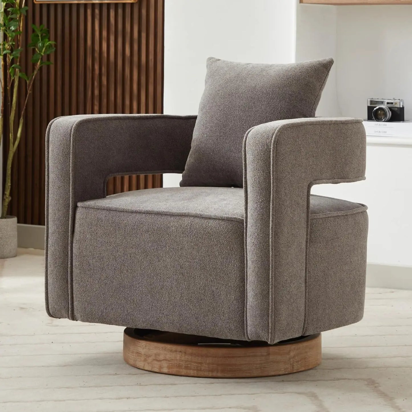 Upholstered Swivel Accent Chair Set of 2 Linen Open Back Barrel Chair with Pillow for Living Room, Beige