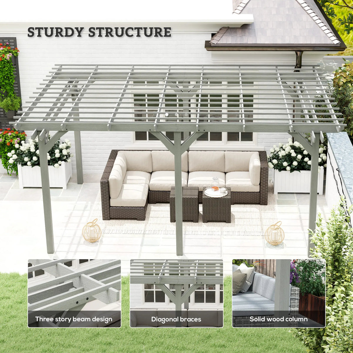 Wooden Outdoor Pergola With Durable Garden Patio Shade Frame