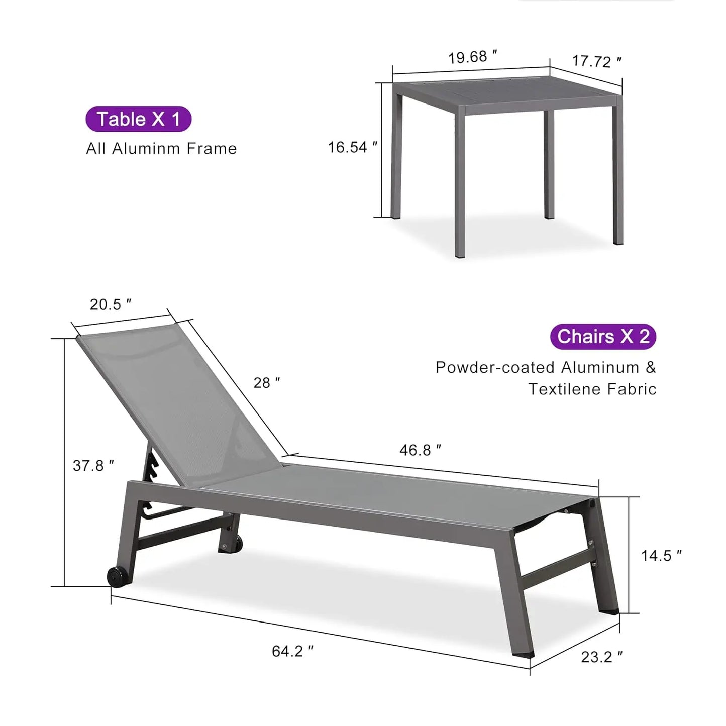 Aluminum Adjustable Reclining Outdoor Lounge Chair Set 2 PCS with Wheels Table Patio Poolside Beach Yard, Light Grey, Custom