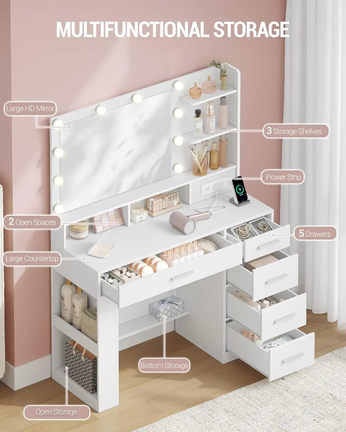 Vanity Desk With Large Mirror And LED Lights 5 Drawers