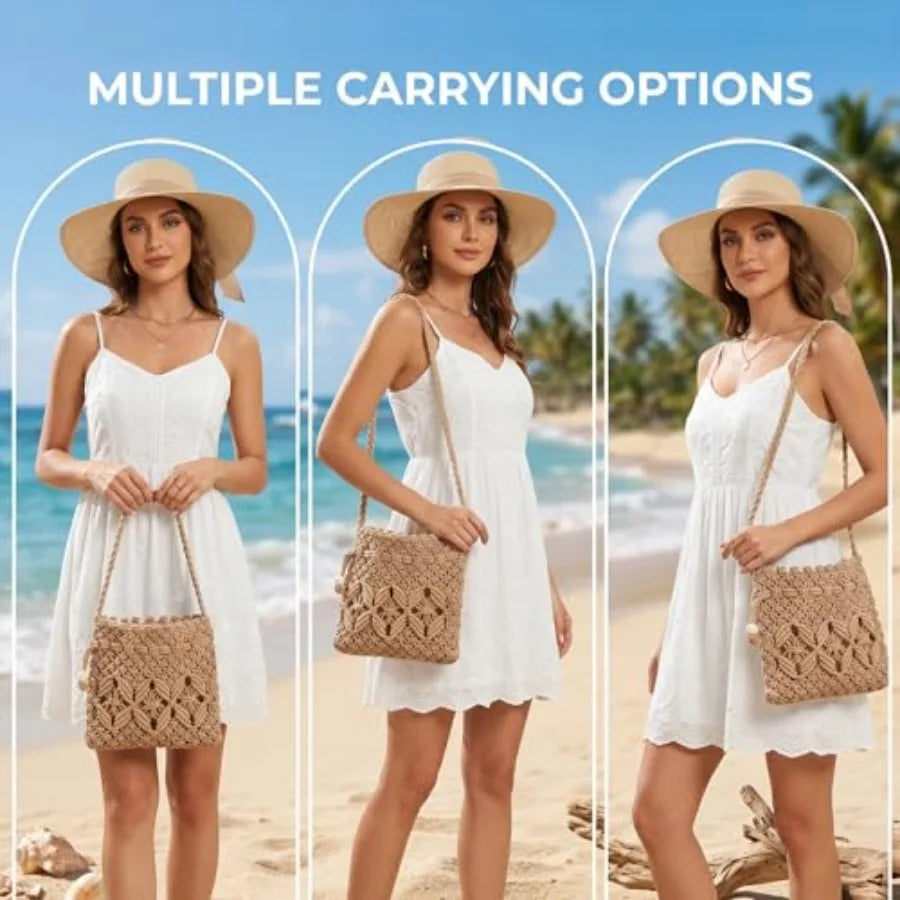 Crochet Boho Woven Crossbody Bag, Women Shoulder Purse For Summer Beach Vacation Travel, Drawstring Handbag
