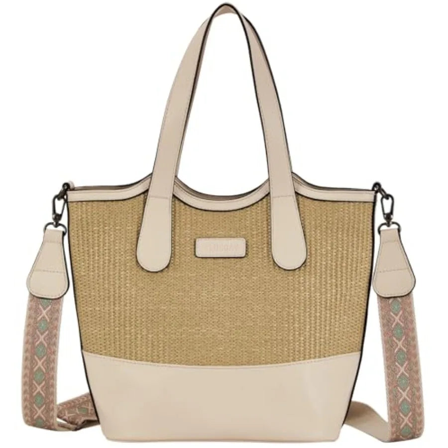 Tote Bag for Women, StrawandVegan Leather Bucket Bags Crossbody Top Handle Purses And Handbags For Work Travel Beach