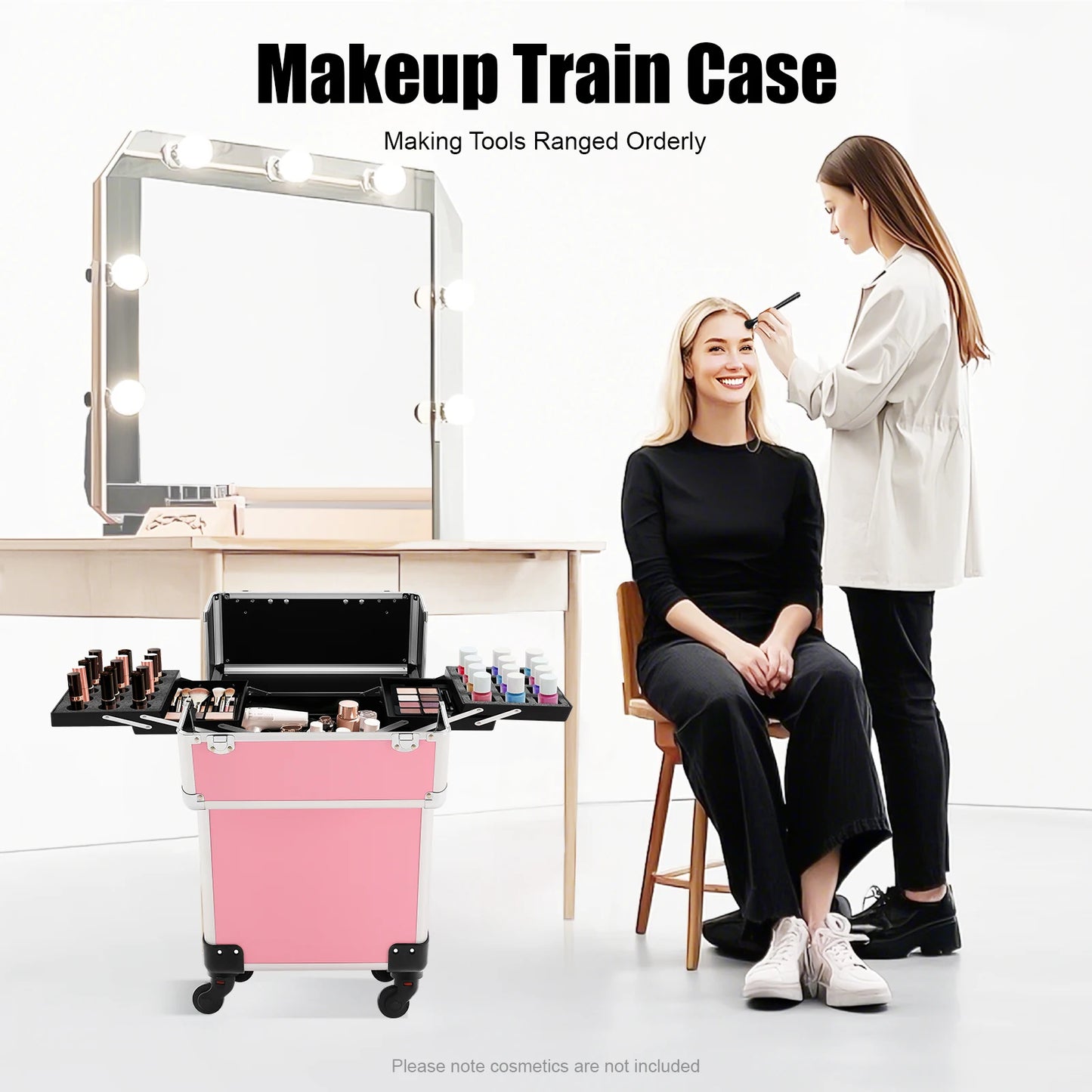 18" Aluminum Makeup Train Case, Rolling Cosmetic Organizer Cart with Key Lock, Large Portable Beauty Storage Suitcase for Professional Travel Salon