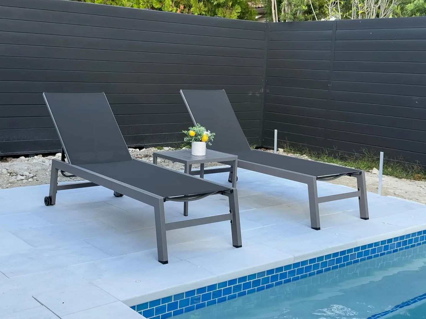 Aluminum Adjustable Reclining Outdoor Lounge Chair Set 2 PCS with Wheels Table Patio Poolside Beach Yard, Light Grey, Custom