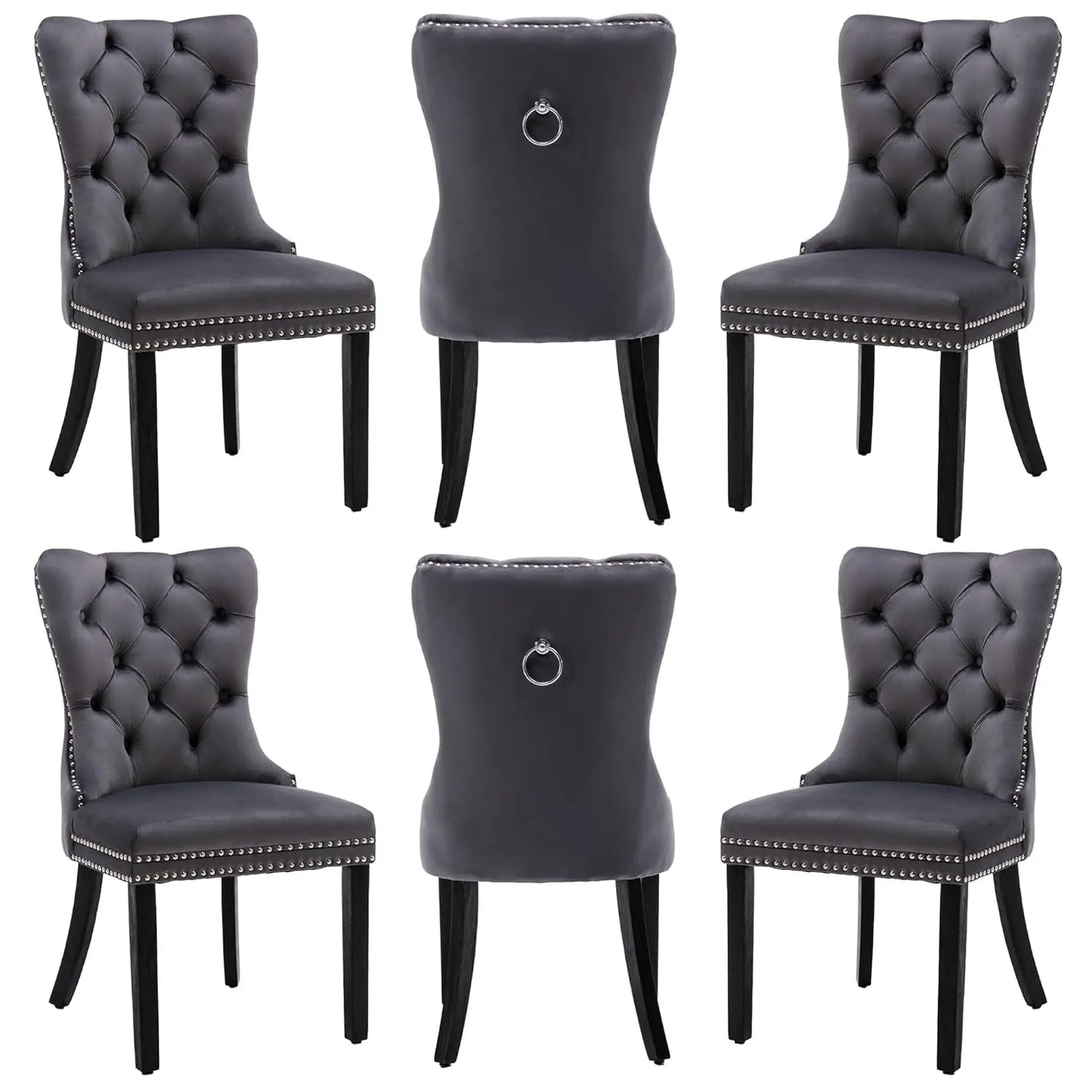 PU Leather Dining Chairs Set of 6 With Solid Wood Legs and Pull Ring