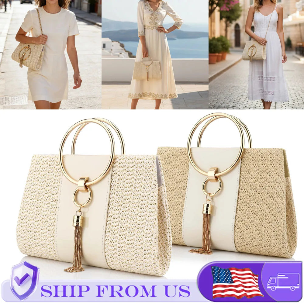Bohemian Resort Woven Large Capacity Clutch Bags, Elegant Ladies Fashion Square Straw Evening Bag Totes Casual Handbag Purse