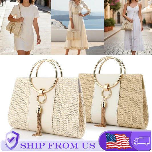 Bohemian Resort Woven Large Capacity Clutch Bags, Elegant Ladies Fashion Square Straw Evening Bag Totes Casual Handbag Purse