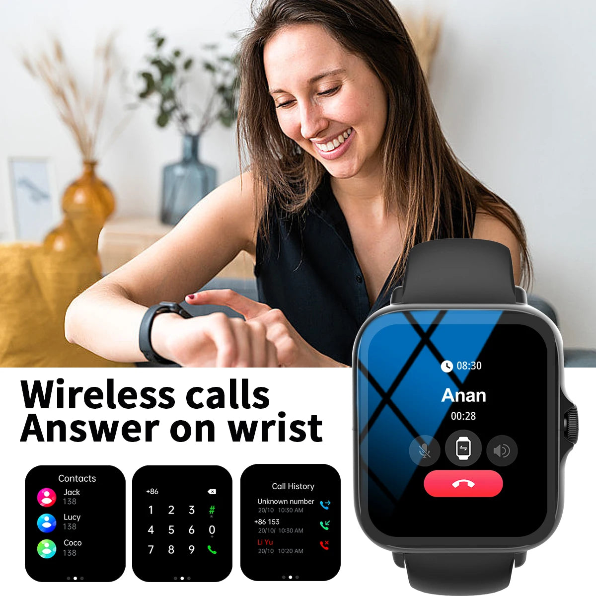 Smart watch, wireless calling /dial, Various APP Reminders,Suitable for men and women, sports watches，for iPhone/Andriod