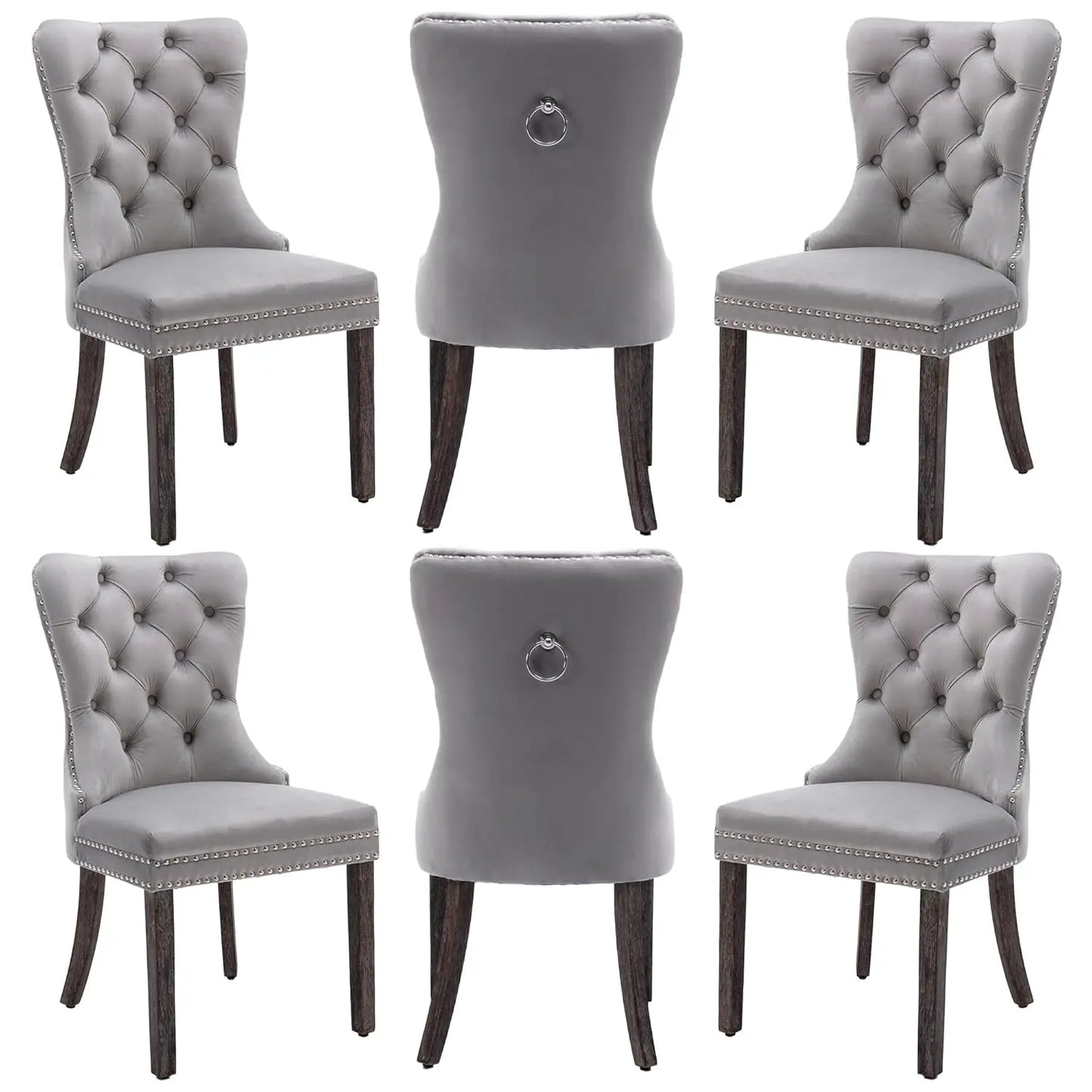PU Leather Dining Chairs Set of 6 With Solid Wood Legs and Pull Ring