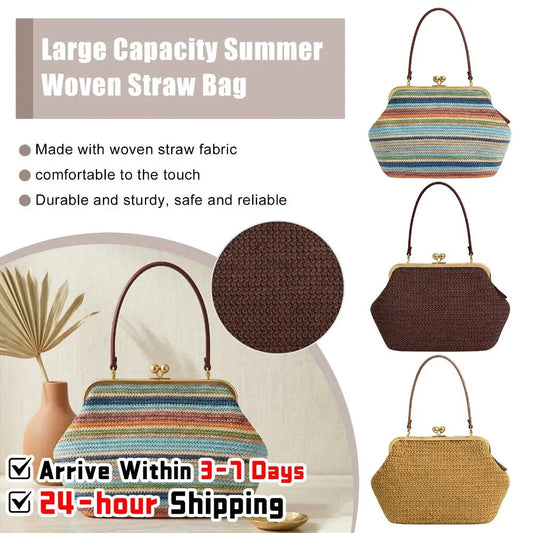 Women Straw Woven Bag Buckle Striped Tote For Summer Travel