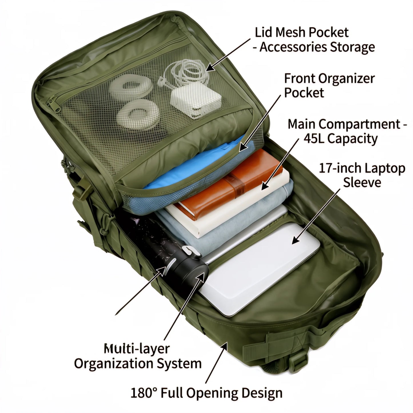 45L Tactical Travel Backpack Molle Large Capacity Multi Pocket Storage Bag Durable Wear Resistant Camping Hiking Trekking Bushcraft Daypack Heavy Duty Rucksack For Men Women Business Trips Mountain Climbing Daily Commute Lugg