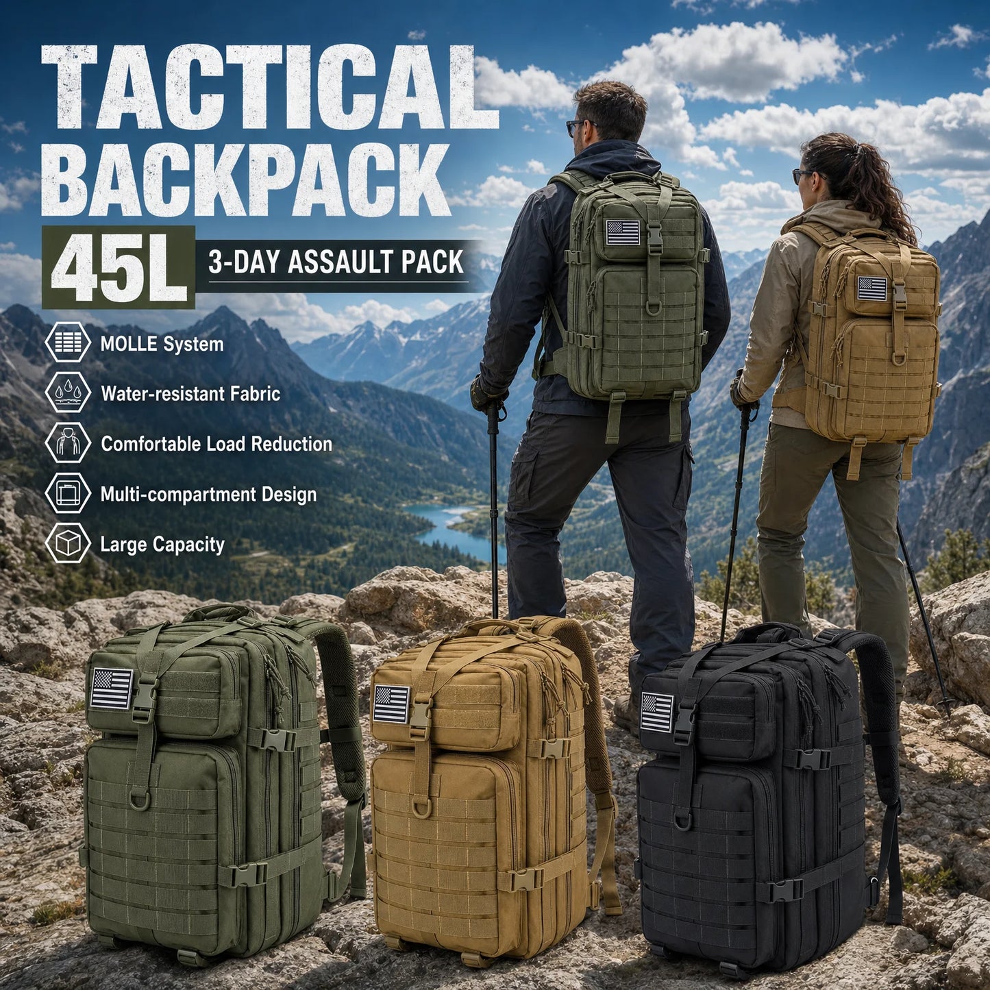 Men 45L Tactical Hiking Backpack Molle Mountaineering Water Resistant Outdoor Camping Trekking Backpacking Bushcraft Travel Rucksack Bug Out Bag Survival Emergency Large Capacity Climbing Cycling Daypack Women Durable Wear Re