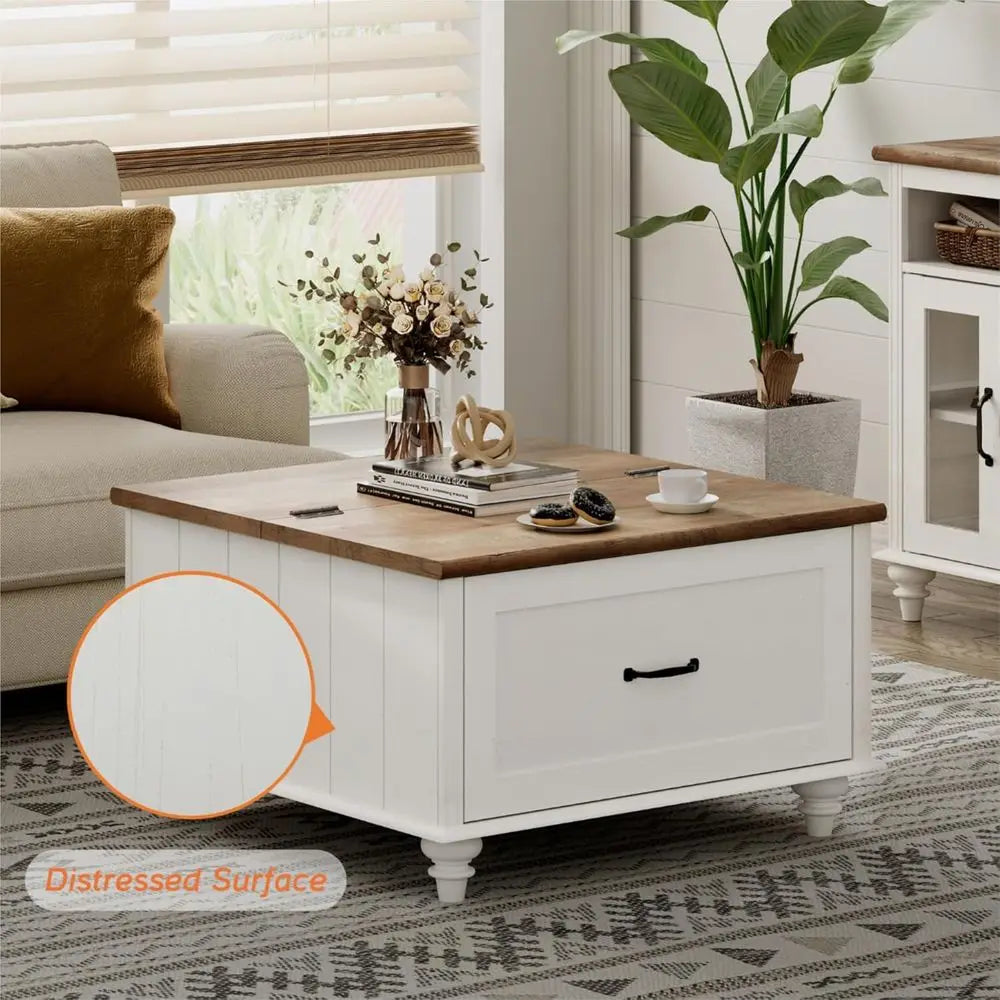 Armhouse Solid Wood Coffee Table With Storage Cabinet