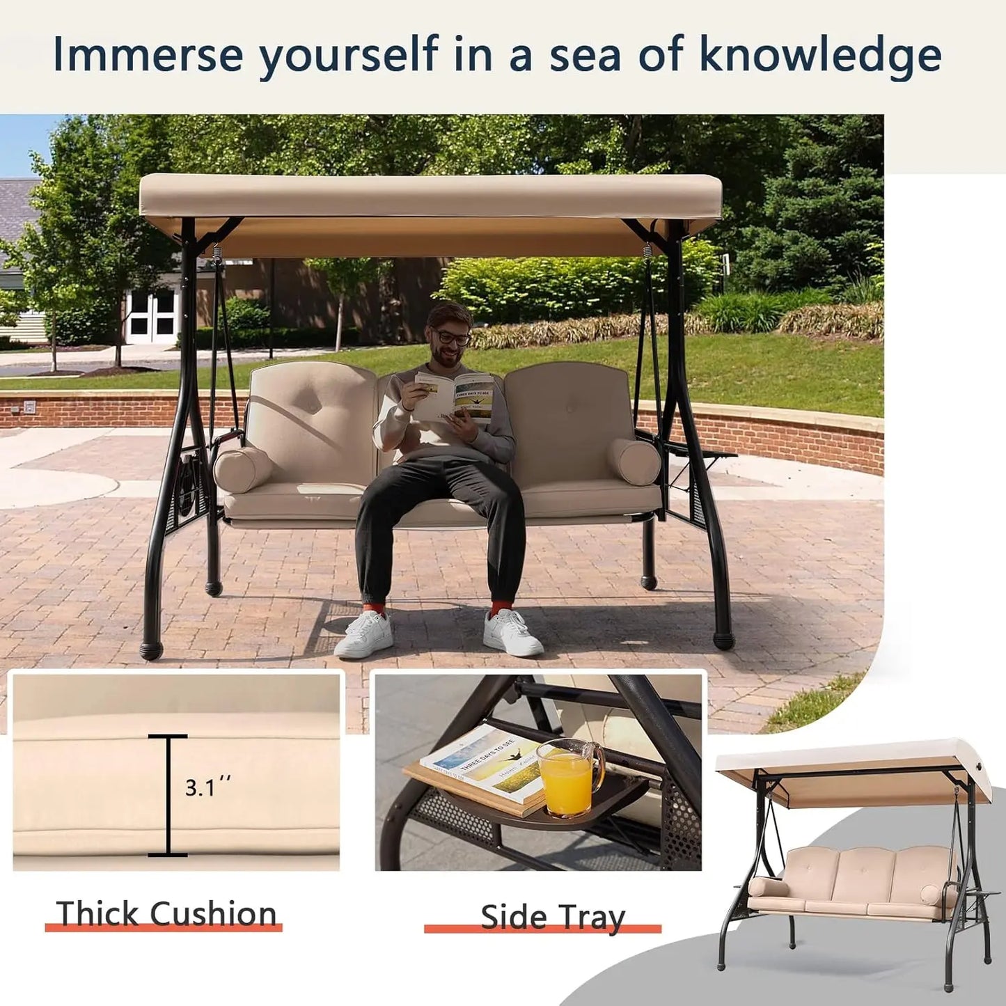 General Three Seat Patio Swing With Adjustable Canopy Waterproof Cushions
