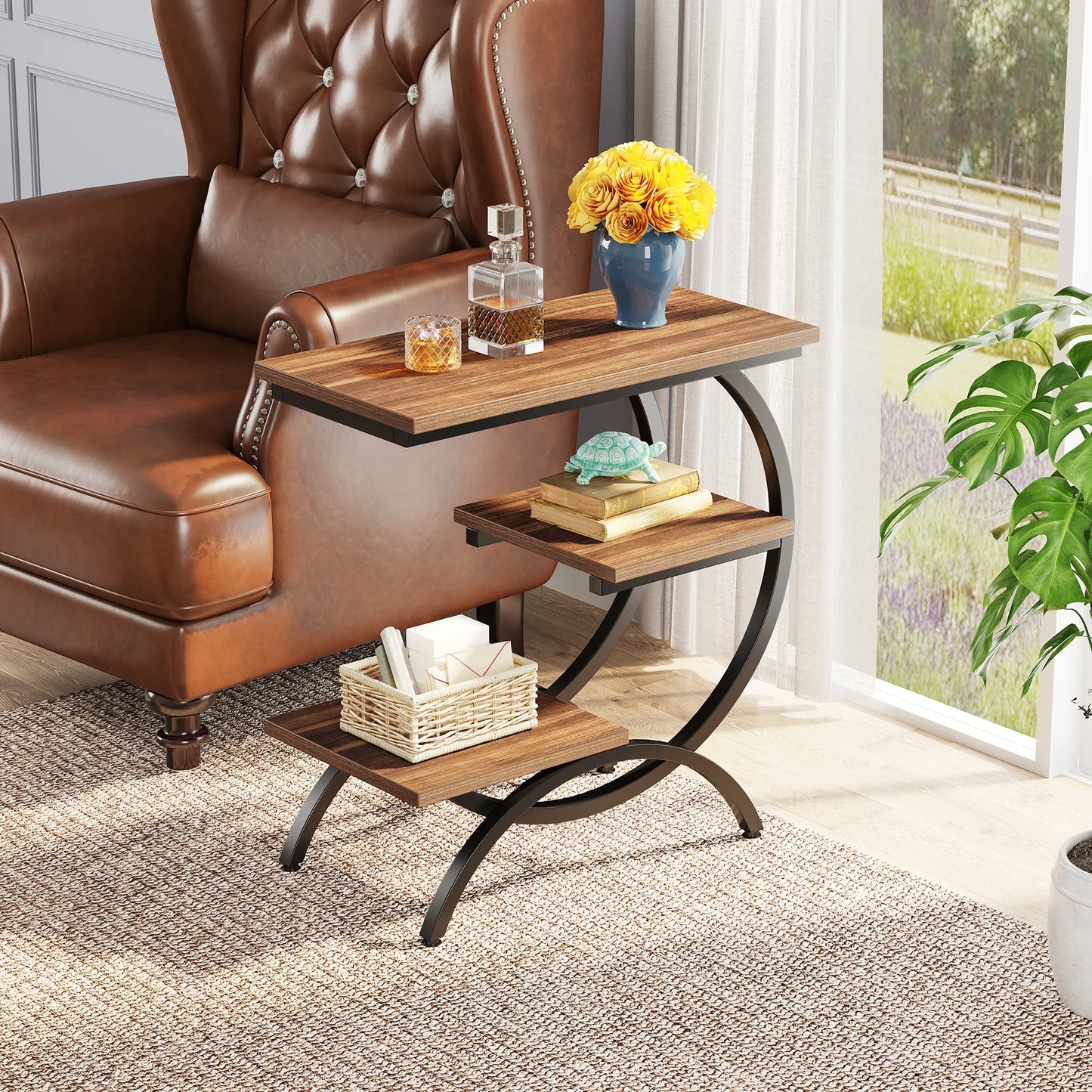 Tribesigns C Shaped End Table Industrial 3 Tier Console