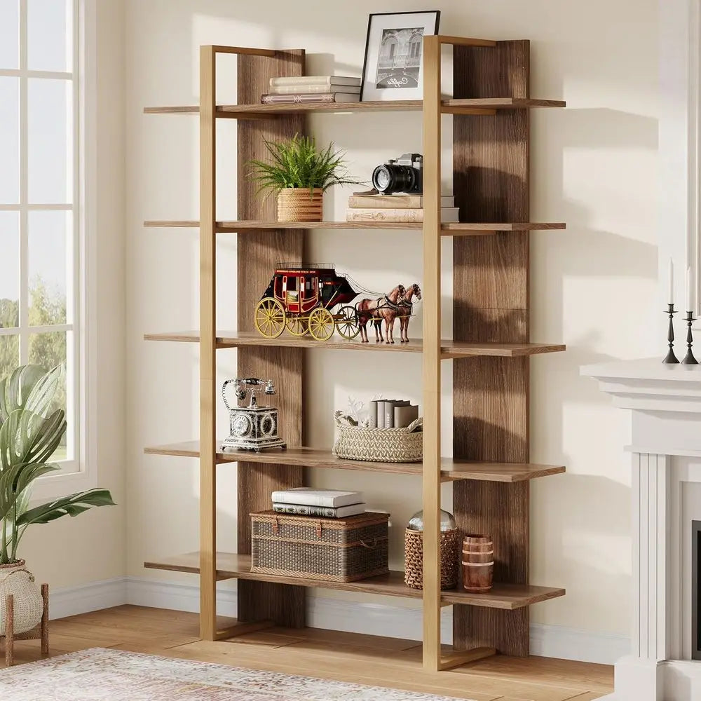 Five Tier Modern Boho Bookcase With Metal Frame Living Room