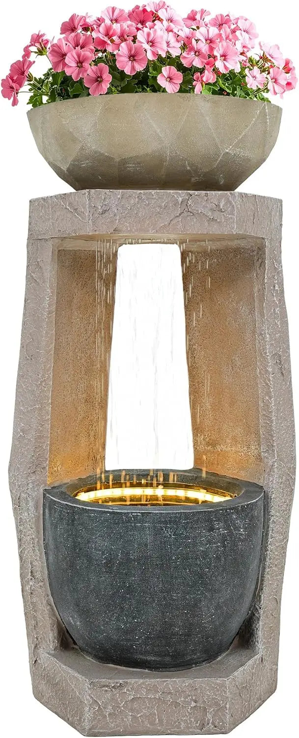 Outdoor Geometric Two-Bowl Resin Fountain With LEDs