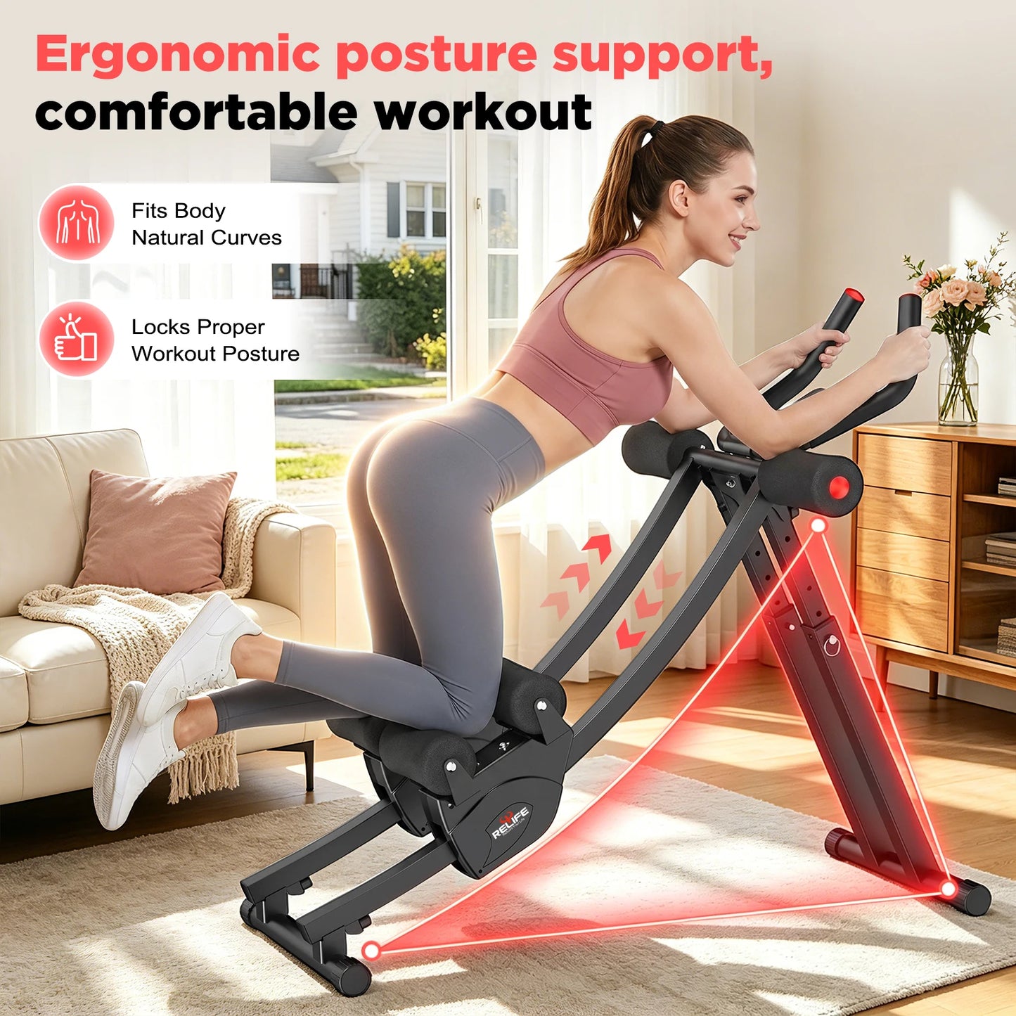 Relife Sports Dual Split‑Track Ab Machine, Foldable Core Trainer for Home Fitness, 5‑Level Adjustable Resistance Workout Equipment, 440 LBS Capacity with LCD Display