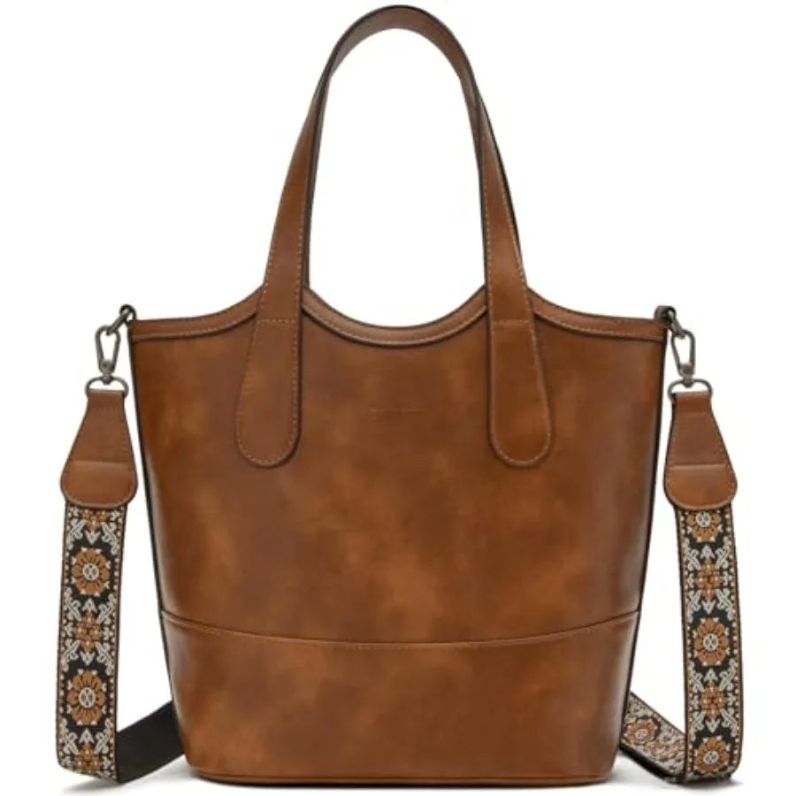 Tote Bag for Women, StrawandVegan Leather Bucket Bags Crossbody Top Handle Purses And Handbags For Work Travel Beach