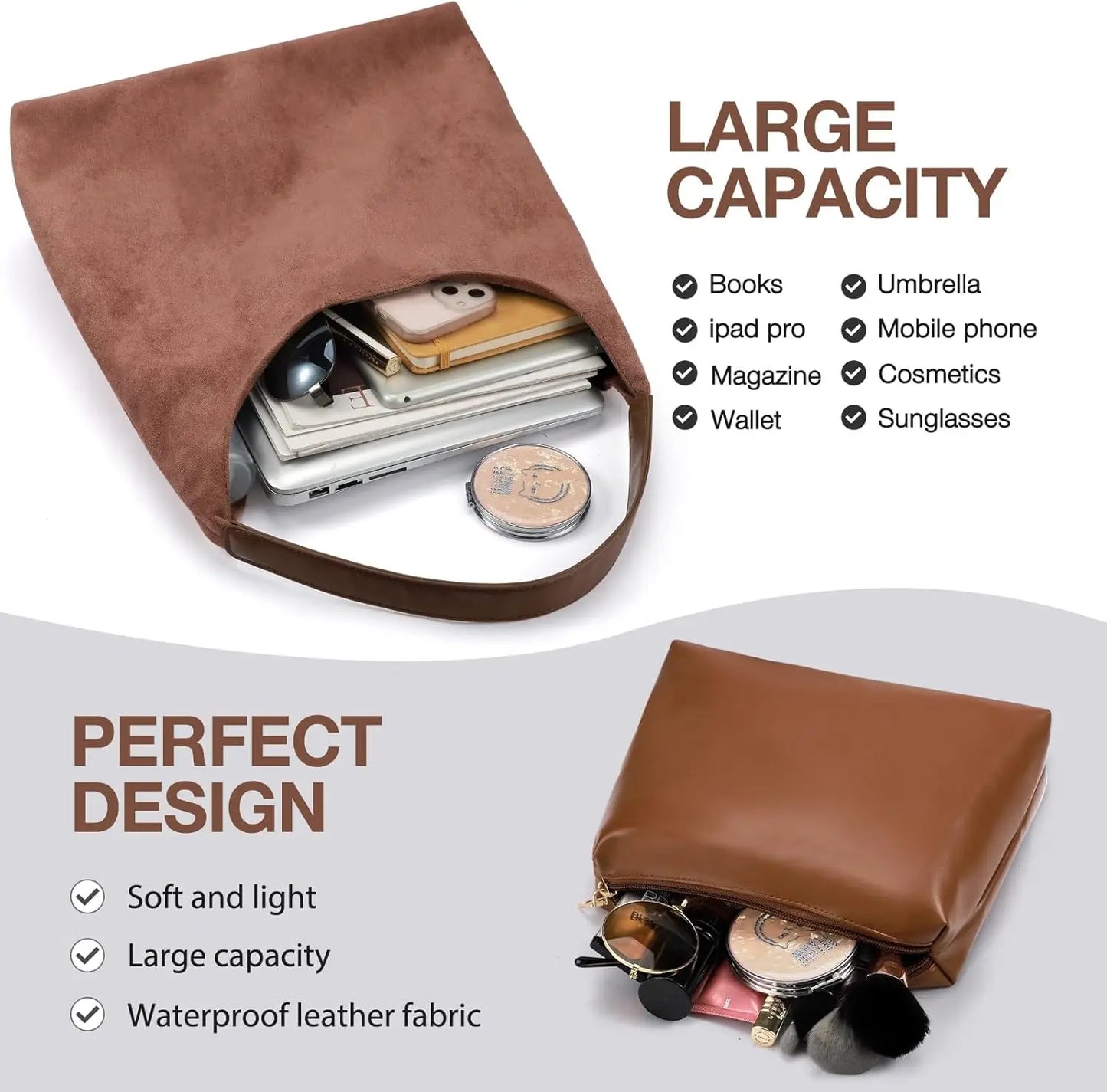 Faux Suede Tote Bag For Women With Zippered Cosmetic Organizer