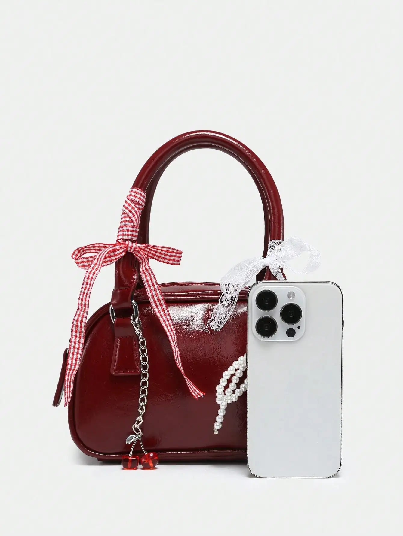 Women's Cute Ballet Style Cherry Faux Pearl & Bow Decor Mini Handbag, Fashionable Burgundy Bag, Fashionable Bow Purse For Women , Kawaii