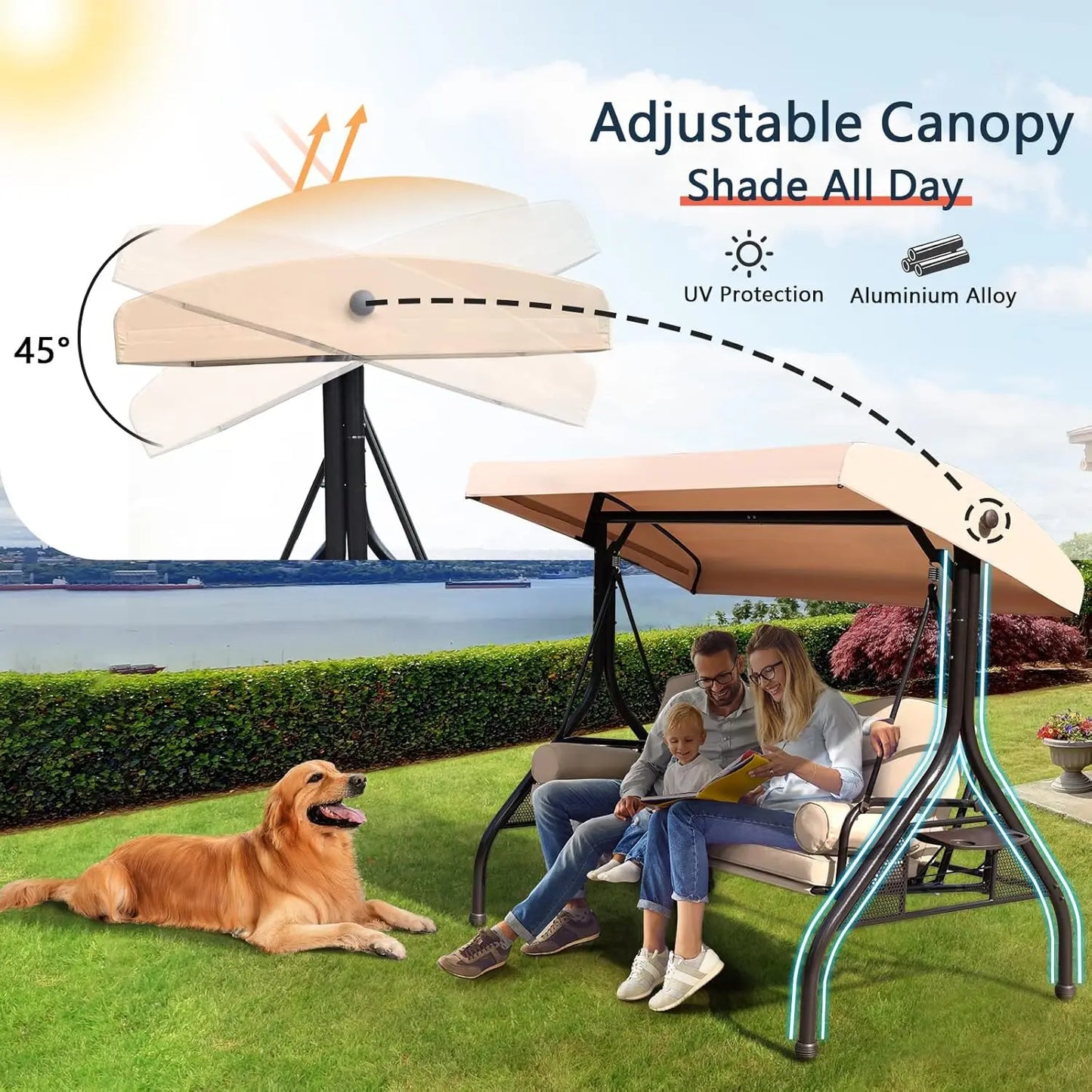 General Three Seat Patio Swing With Adjustable Canopy Waterproof Cushions