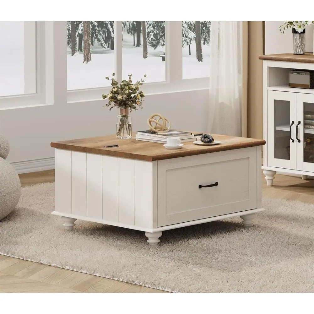 Armhouse Solid Wood Coffee Table With Storage Cabinet