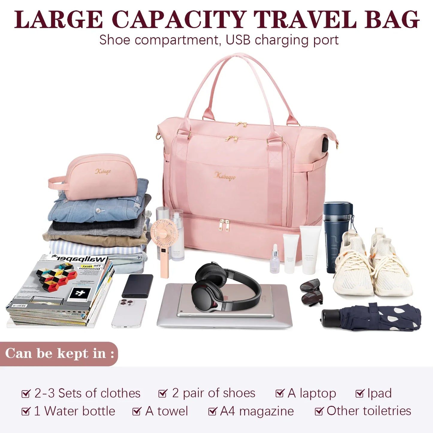 2PC Large Capacity Travel Duffle HandBag Weekender Bag For Women Gym Bag with USB Charging Port Shoe Compartment Carry on Overnight