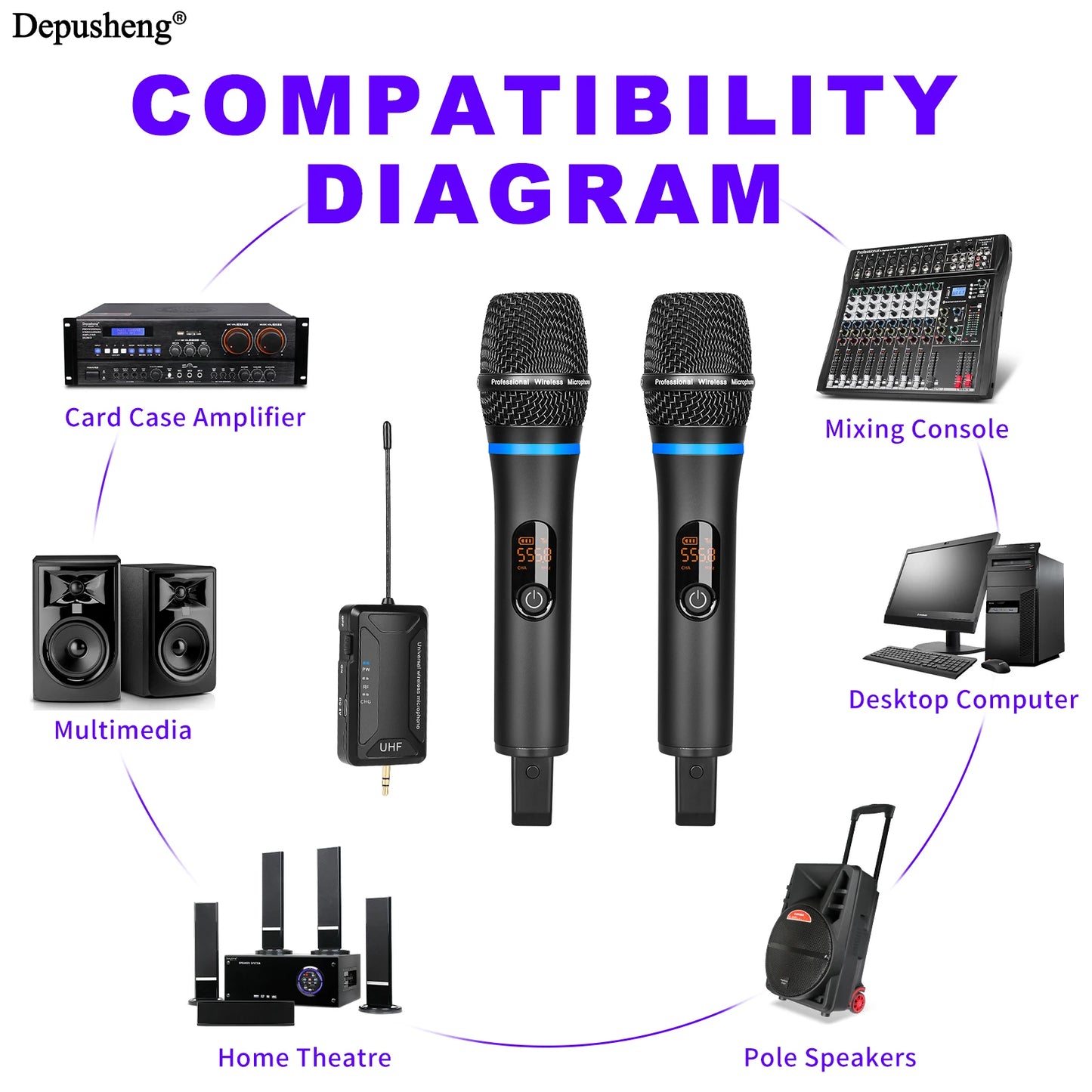 Wireless Microphone Depusheng UHF Metal Dynamic Handheld Karaoke Mic With Rechargeable Receiver For Karaoke Wedding