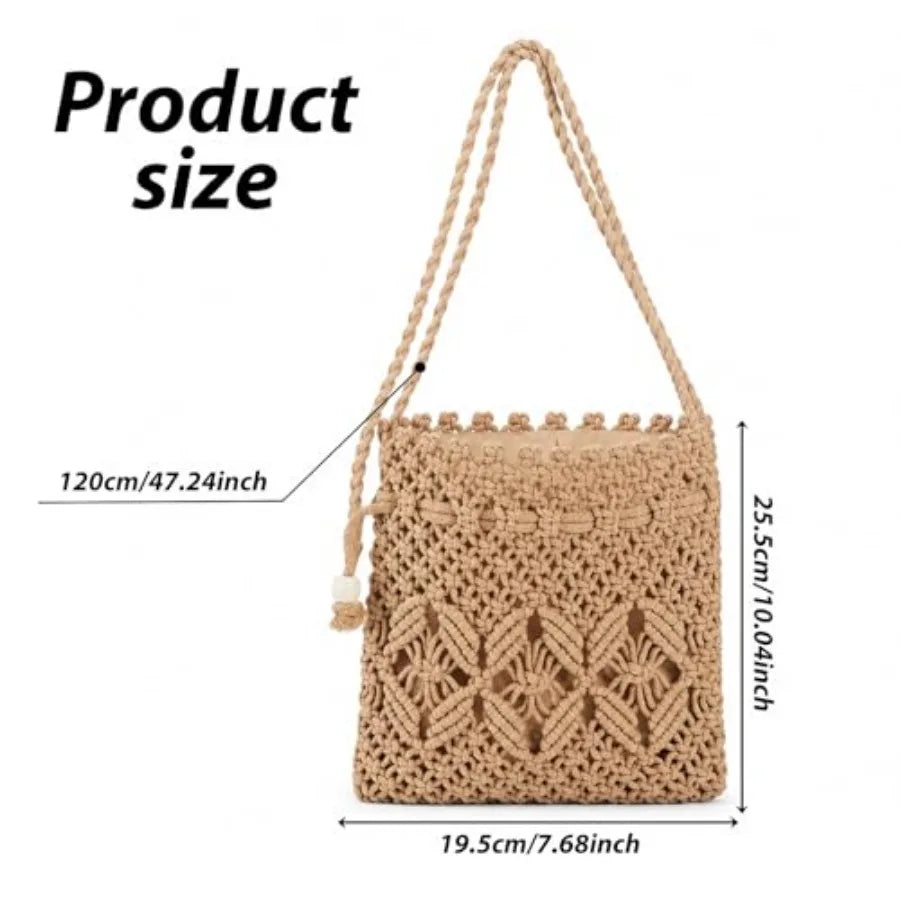 Crochet Boho Woven Crossbody Bag, Women Shoulder Purse For Summer Beach Vacation Travel, Drawstring Handbag