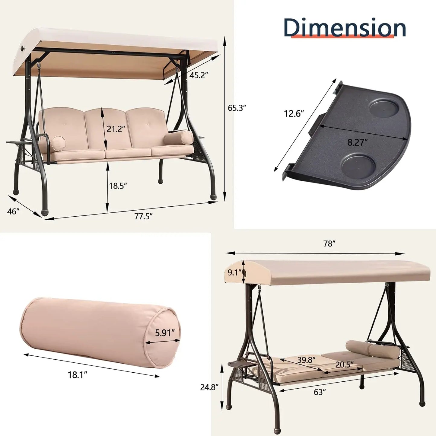 General Three Seat Patio Swing With Adjustable Canopy Waterproof Cushions